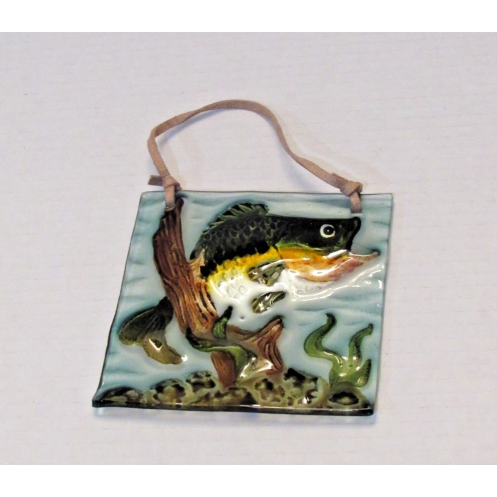 Vintage Fused Glass Bass Fish Wall Hanging Art Plaque Lake House Cabin Decor